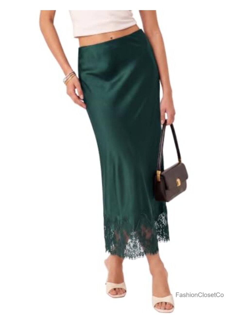 Satin Maxi Skirt Elastic Waist Lace Trim Long Slip Skirt for Women